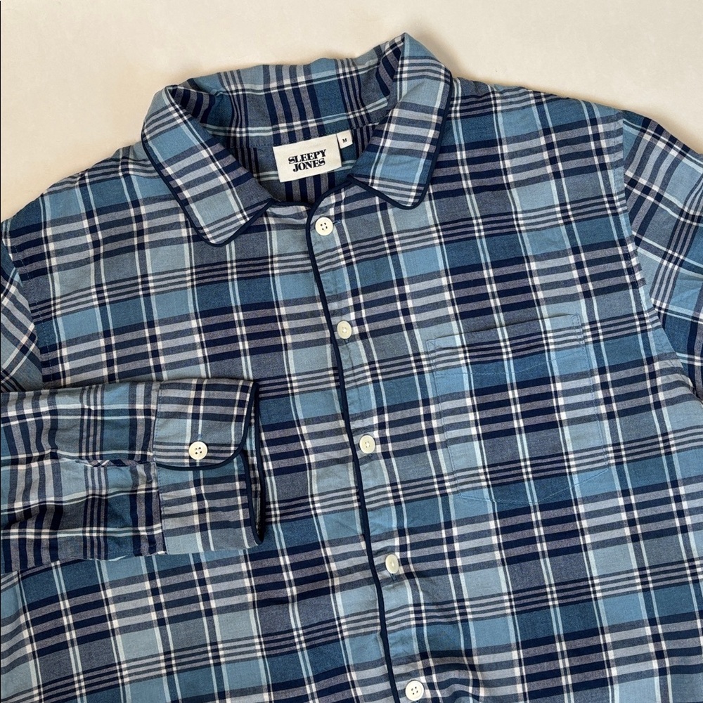 Sleepy Jones Made USA Blue Plaid Long Sleeve Pajama Shirt Sleepwear Men’s Medium